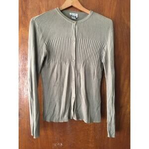 Anna Gray Ladies' L Large Cardigan, Button Front, Cream Grey/Green Silk